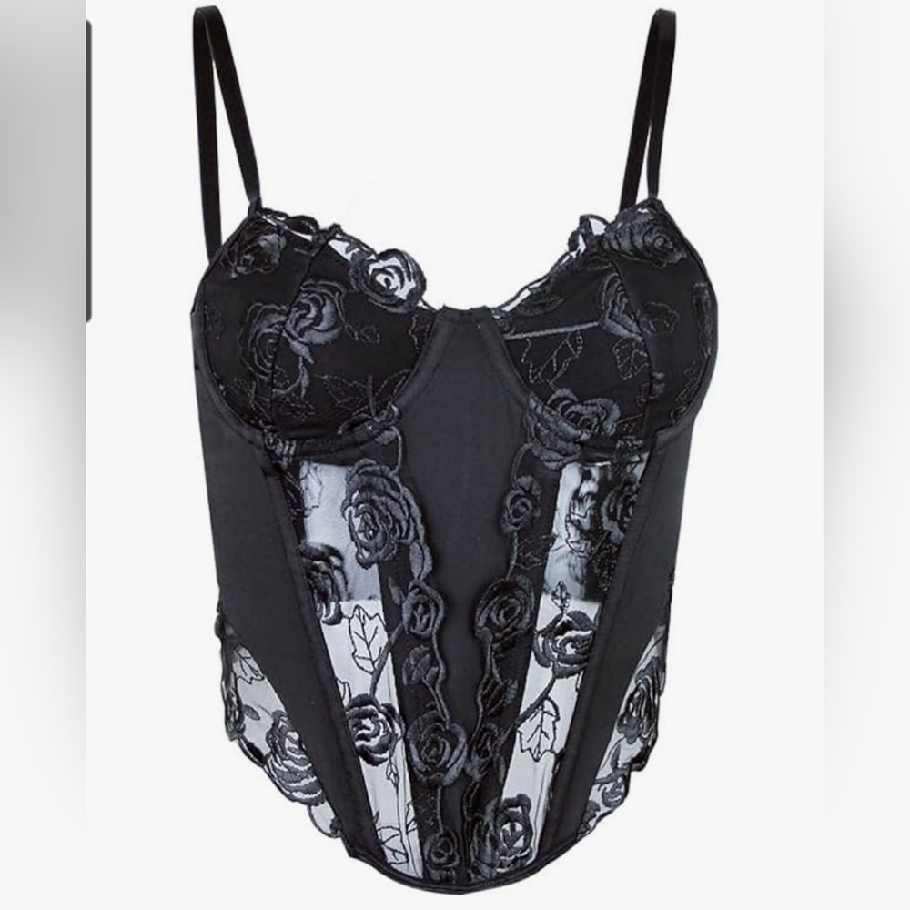 Sexy Black Lace Mesh W/Roses Bustier Top Deep V-Neck Clubwear Size M